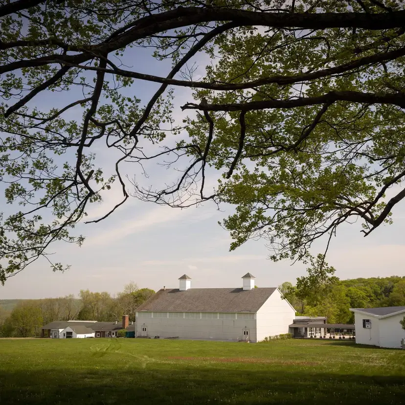 Campus building in open field