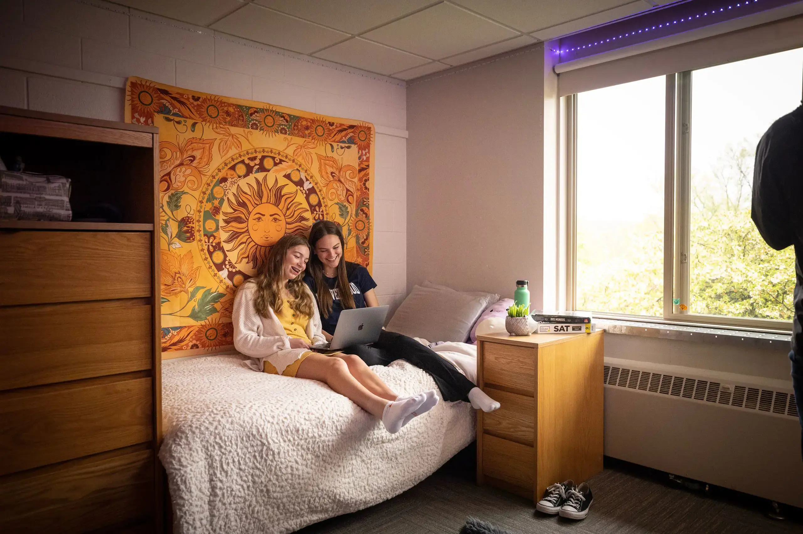 Students watching shows on laptop in dorm together