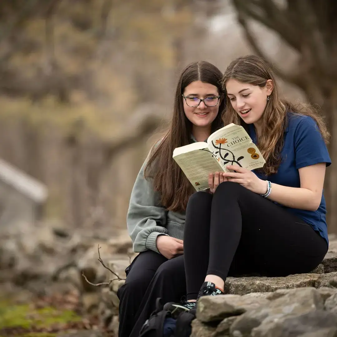 Students reading book on stone wall together