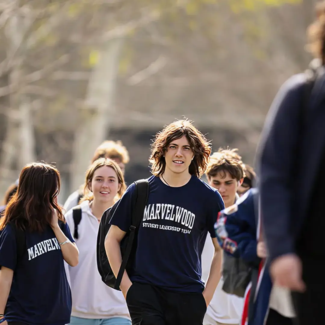 Student walking through campus